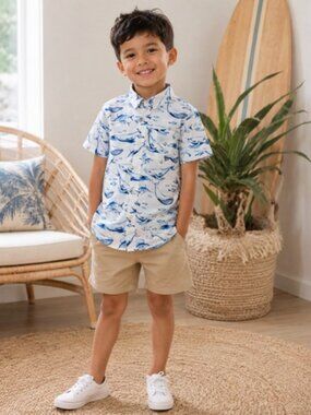 The Children's Place Whale Print Button Up Shirt Boys Size 7/8 Coastal Beach